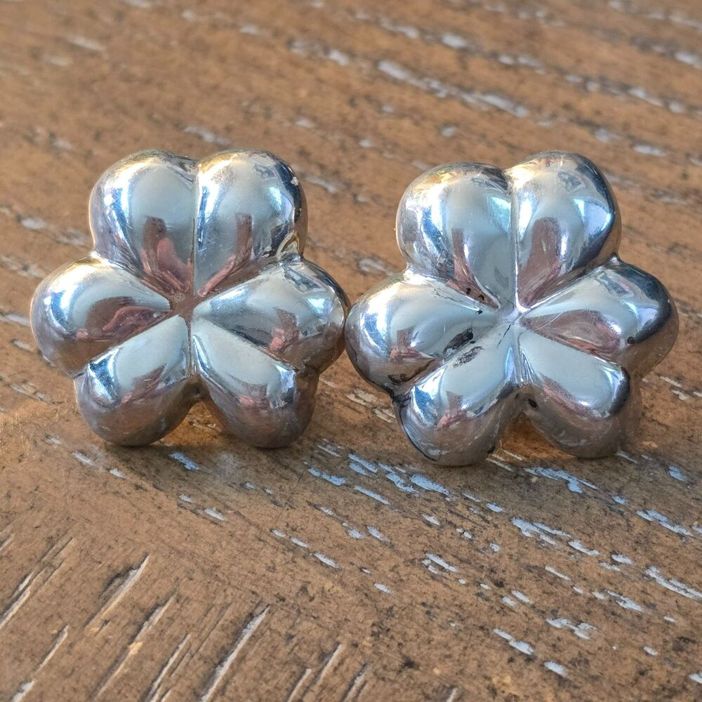 Vintage Taxco Mexican 925 Puffy Heart Flower Stud Earrings